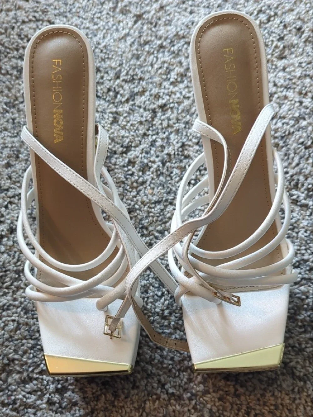 Fashion Nova White Strappy Platform Heels with Gold Stiletto